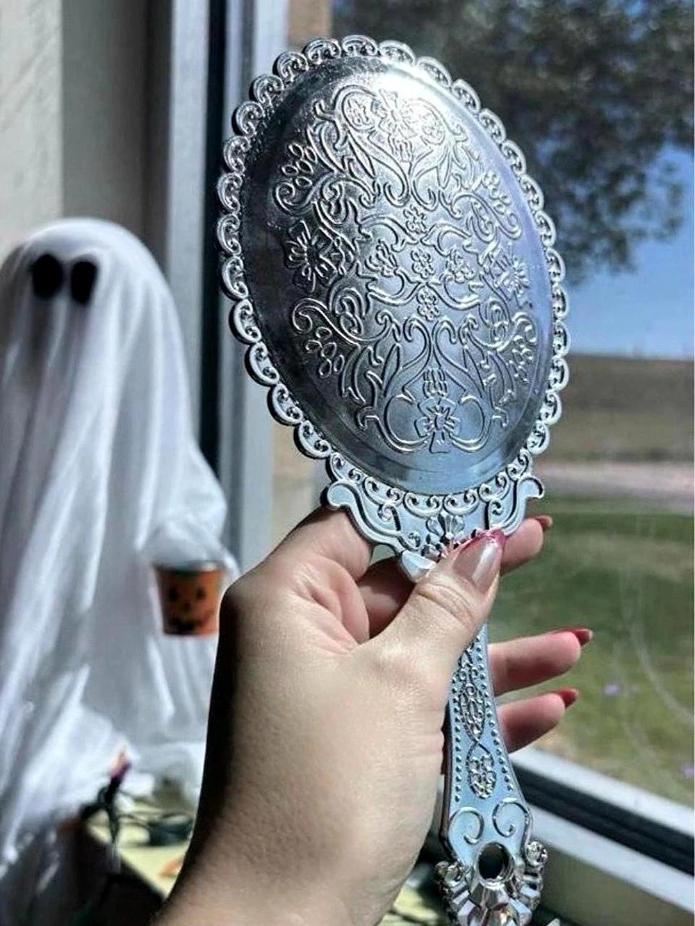 Ornate Silver Floral Handheld Mirror